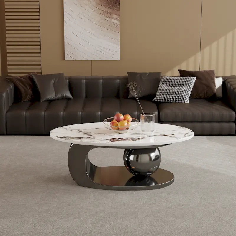 51 Modern Pandora Oval Coffee Table with Glossy Sintered stone top, Luxury Coffee Table, Stainless Steel Legs for Livingroom