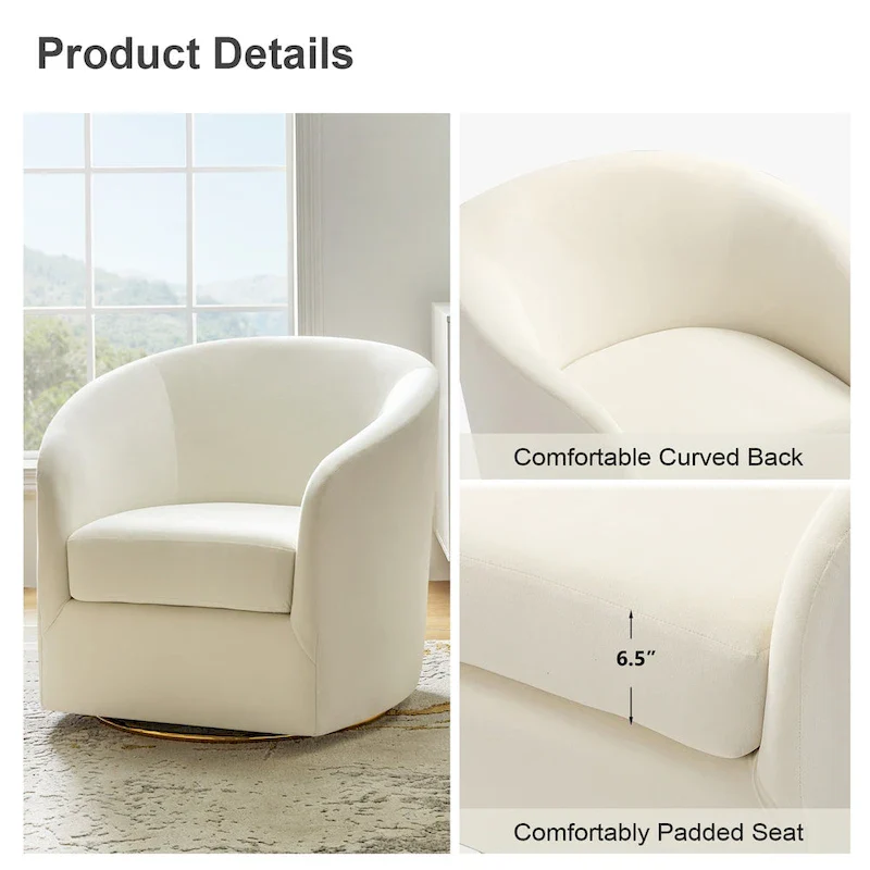 Modern Velvet Curved Swivel Accent Barrel Chair with Metal Base