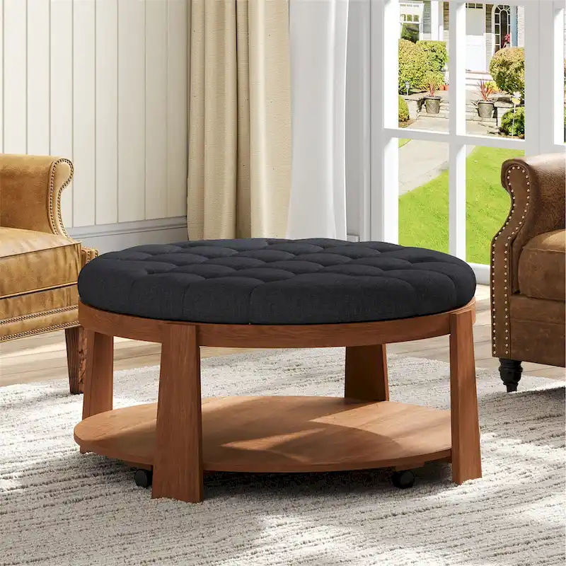 36  Round Button Tufted Upholstered Coffee Table with Wood Shelf and Wheel