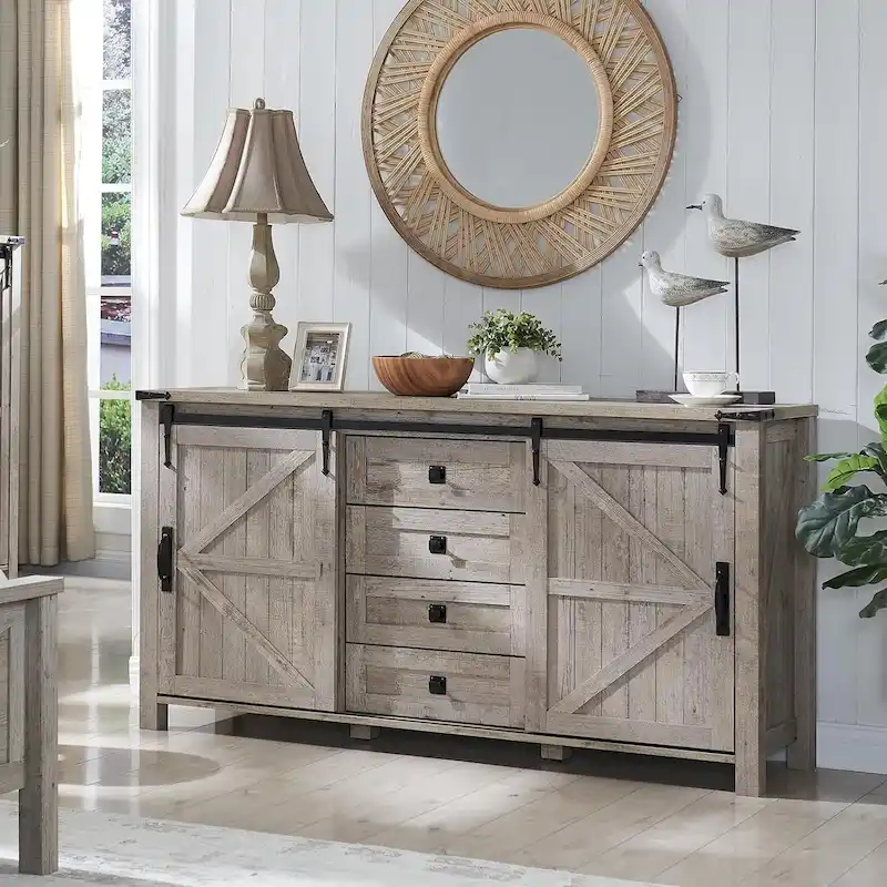 Farmhouse Dresser with 4 Drawers & 2 Sliding Cabinets, Dark Rustic Oak/Antique White/Barnwood