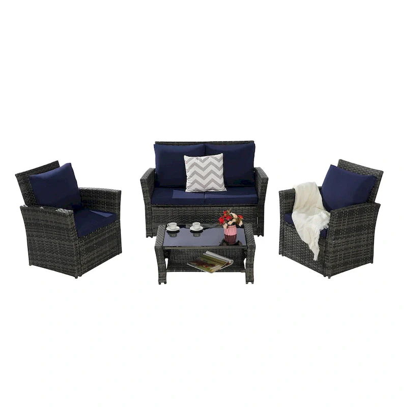 4-Piece Rattan Conversation Sofa Set with Glass Table