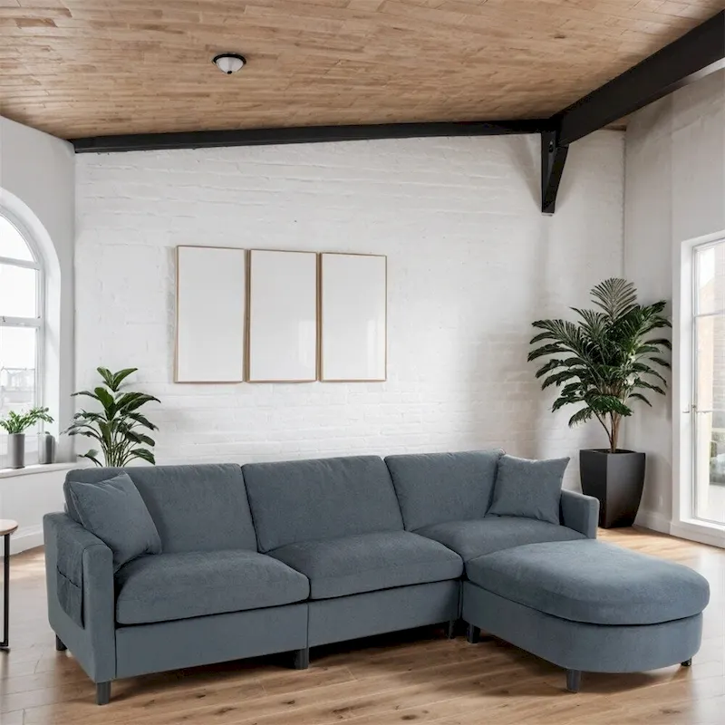 108 Modern Fabric Sectional Sofa with Ottoman and Pillows