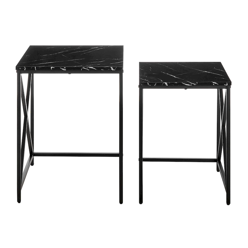 Modern Square Marble Finish Veneer Top Black Metal Frame Nesting End Tables - Set of 2