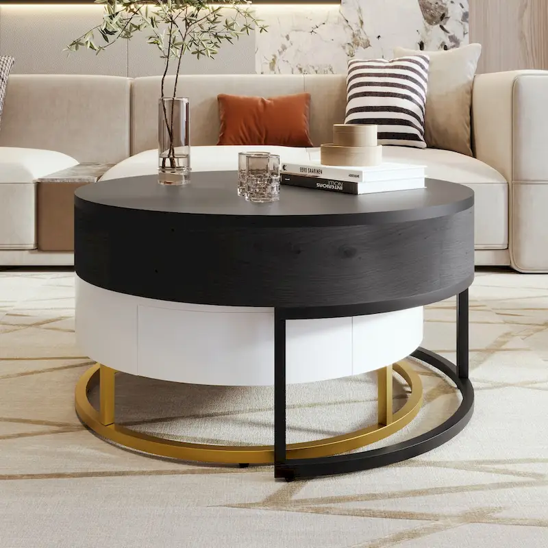 Modern Round Lift-Top Nesting Coffee Tables with 2 Drawers, Hydraulic Mechanism, MDF, White & Black