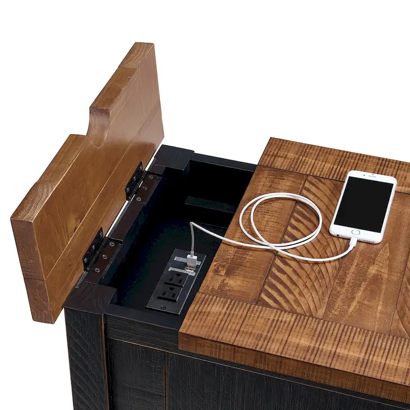 Rustic Solid Wood Chairside End Table with Hidden Charging Station