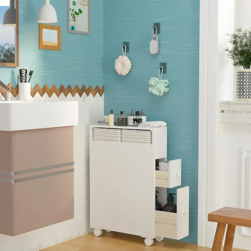 Freestanding Wooden Storage Cabinet with Storage Basket for Narrow Bathroom