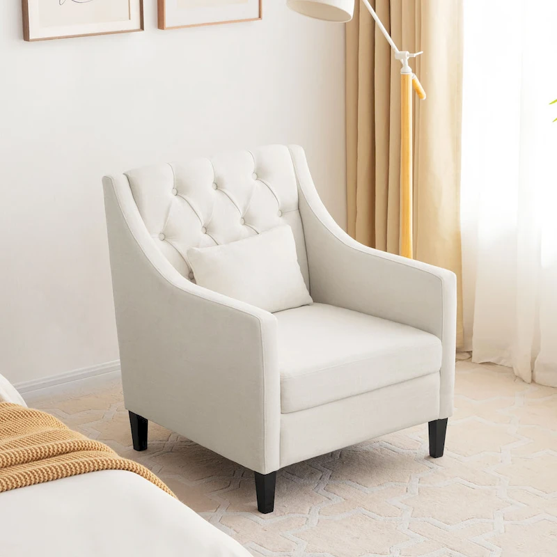 Beige 30 Upholstered Tufted Arm Chair with Lumbar Pillow