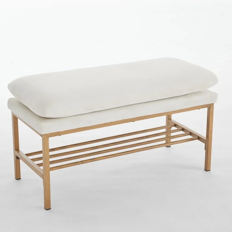 Beige Upholstered Storage Bench with Metal Legs - 32