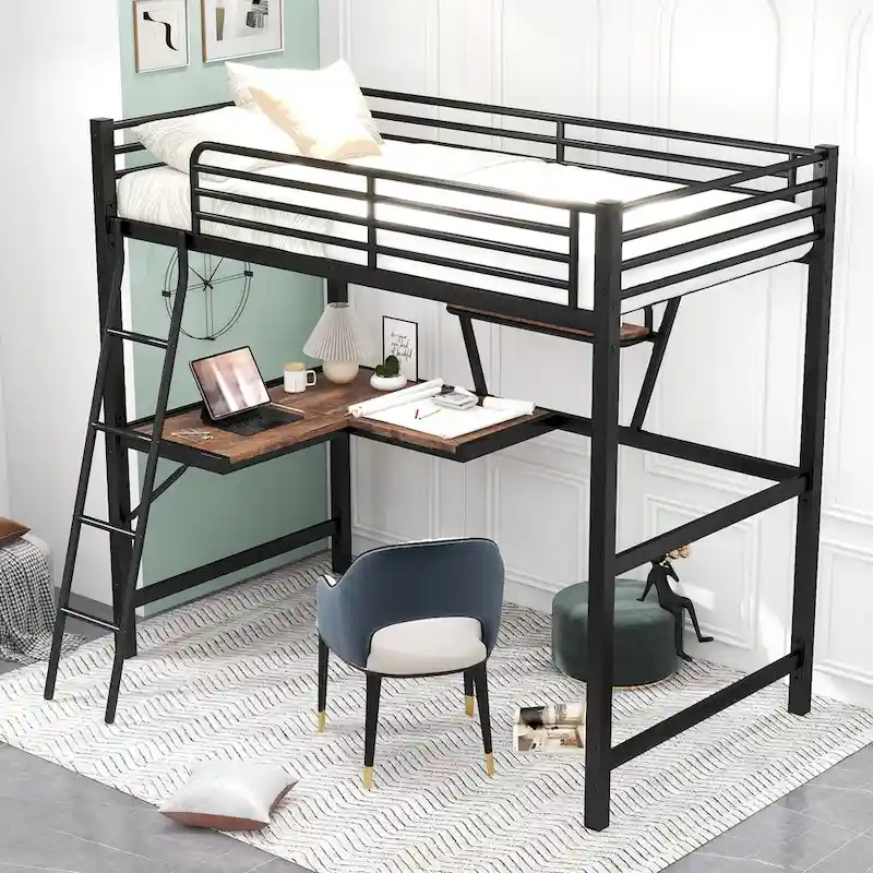 Metal Loft Bed with Integrated Desk, Shelf, and Full-Length Guardrail