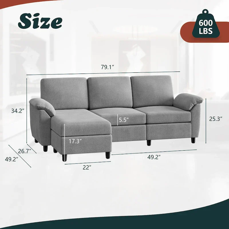 Futzca Sectional Sofa Couch, 3 Seat L Shaped Sofa with Removable Pillows