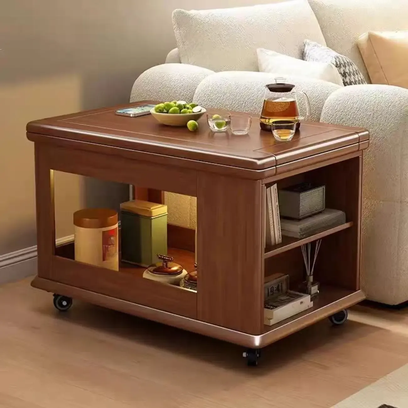 Rolling Open Storage Wooden Side Table Folding Top