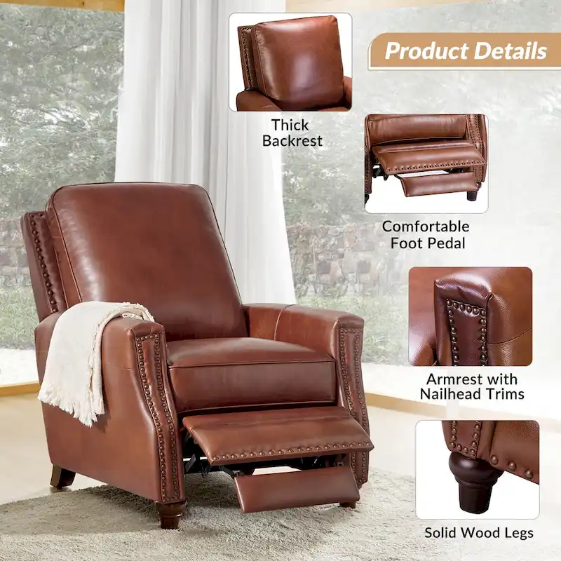 Cigar Mid-century Modern Genuine Leather Recliner with Nailhead Trim Set of 2 by HULALA HOME