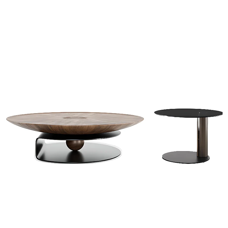 Nesting Brown Wood Round Black Steel Base Coffee Table