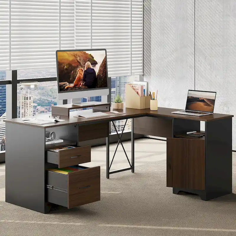 63 L Shaped Home Office Desk with File&Storage Drawers and Cabinet, Computer Desk with Monitor Stand and Open Compartments