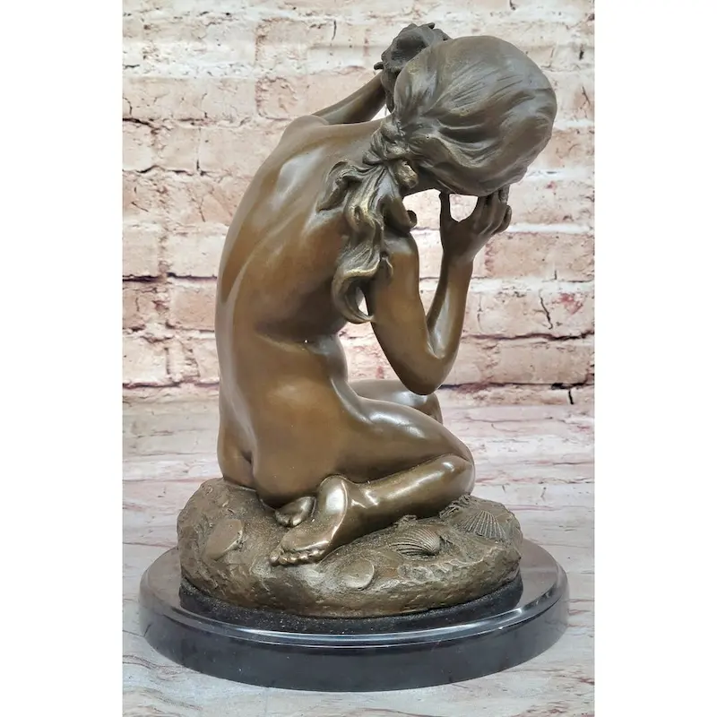 Young Girl Holding A Conch Shell - Bronze Sculpture Figure On Marble Base By Carpeaux