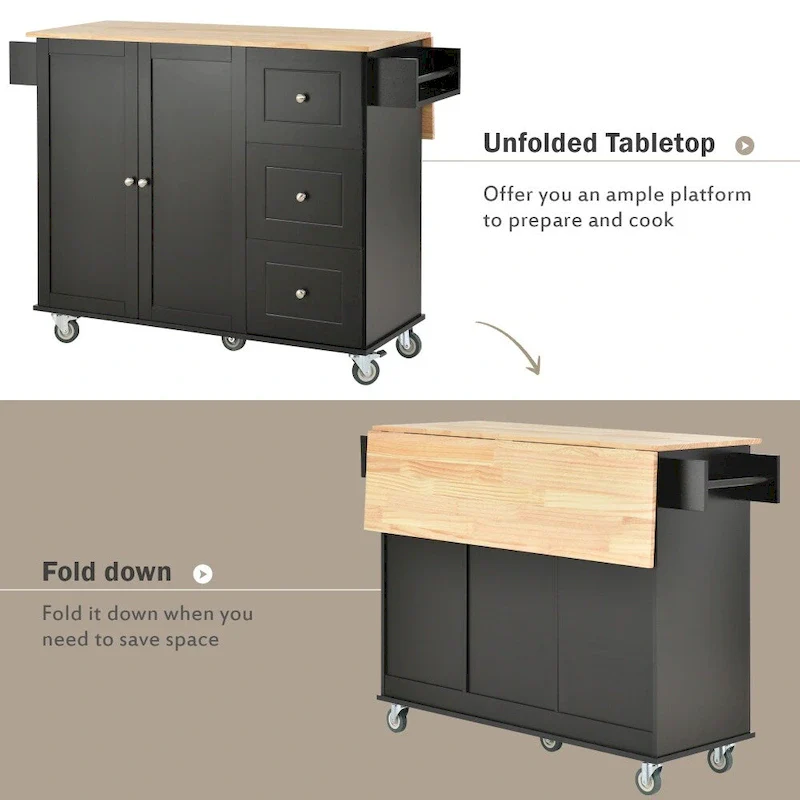 52.7 Rolling Mobile Kitchen Island with Solid Wood Top
