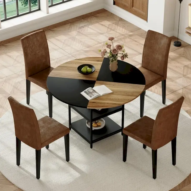 Outdoor 47.3 inch Dining Set with Double-layer Storage and 4 Brown Technology Fabric Dining Chairs