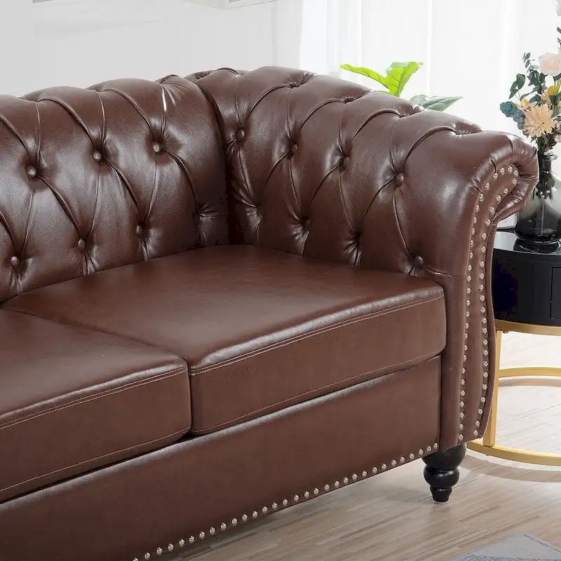 84.65 Chesterfield Tufted Faux Leather Sofa with Rolled Arms