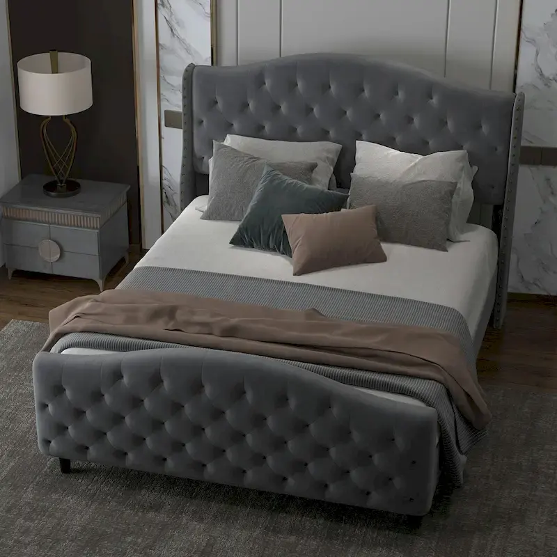 Velvet Upholstered Bed Frame with Wingback Headboard and Footboard