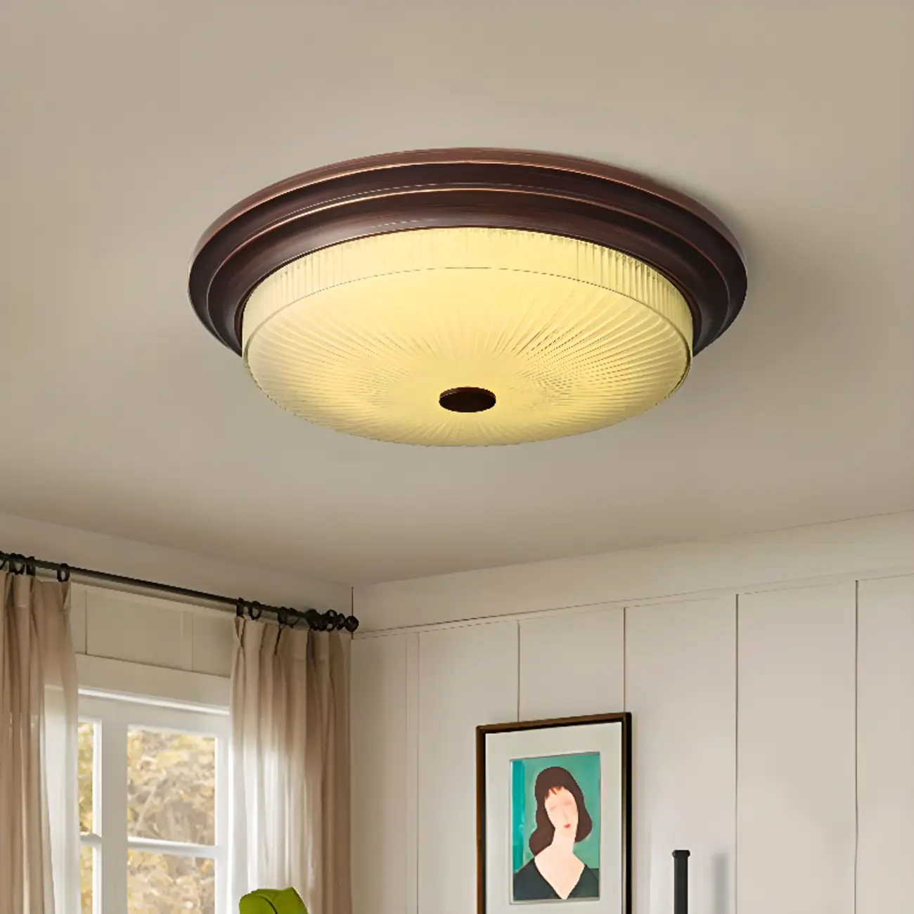 Classic Brown Metal Round Glass LED Flush Mount Ceiling Light