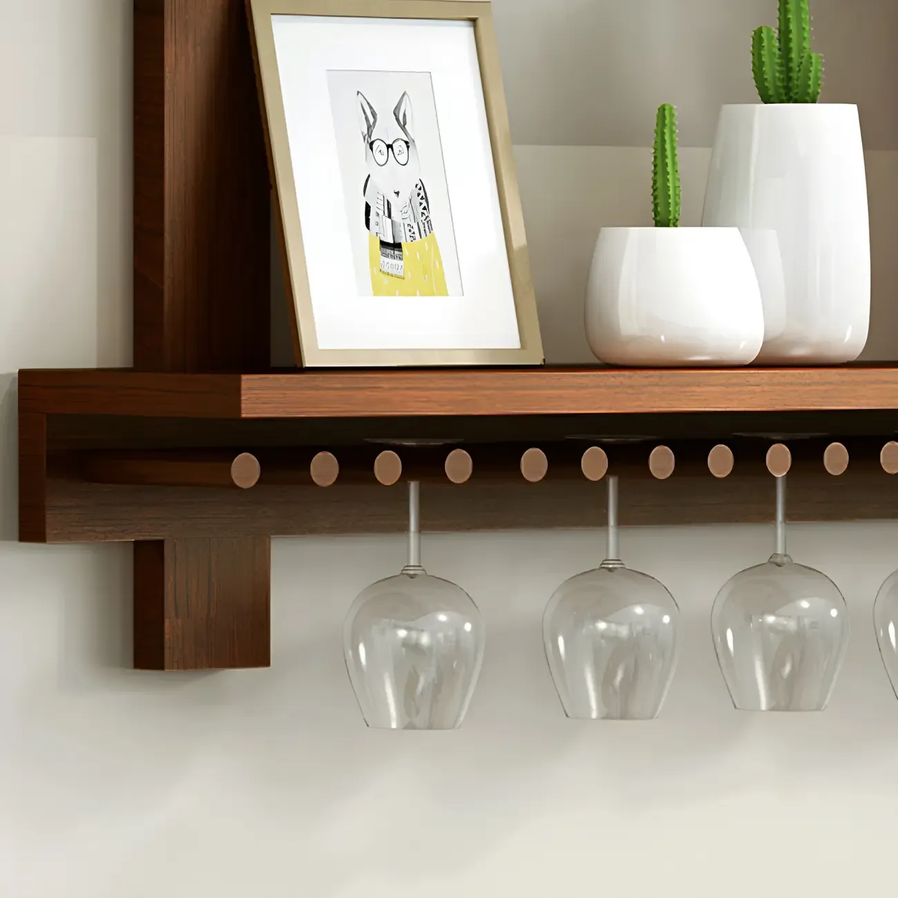 Pine Wooden Wall-Mounted Display Open Wine Bottle & Glass Rack