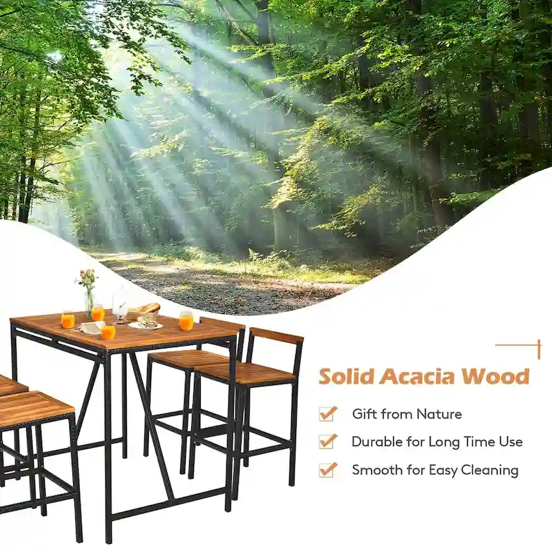 Costway 5PCS Patio Rattan Bar Table Stool Set Acacia Wood Top - See Details