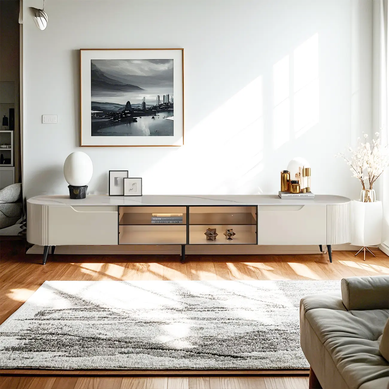 71 Beige Wood Glass Door TV Stand with Shelf & Drawers