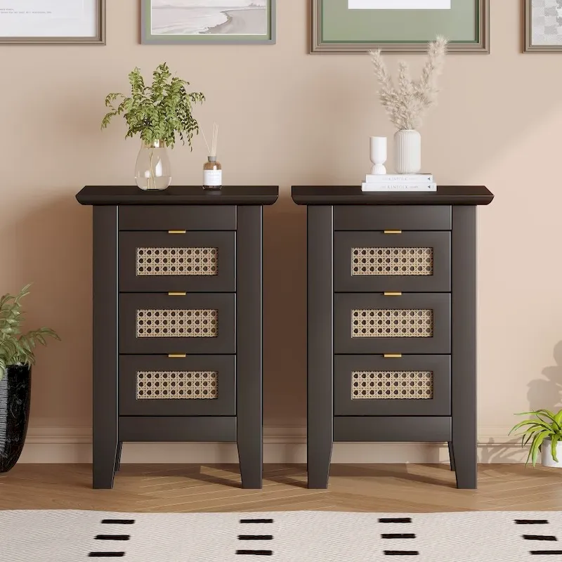 Wooden Nightstands Set of 2 with Rattan-Woven Surfaces and Three Drawers