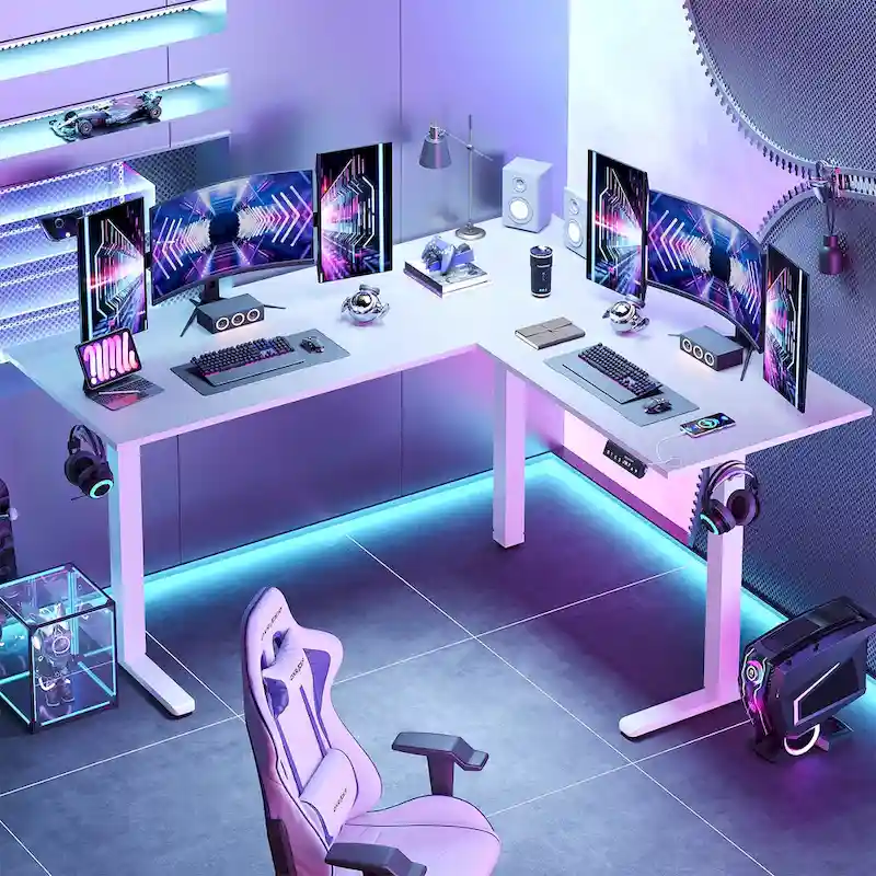 63  L Shaped Standing Desk Corner Desk LED Gaming Desk with Ergonomic Monitor Stand