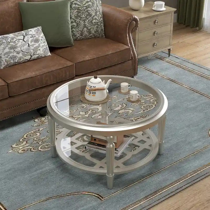 COSIEST Champagne Round Solid Wood Tempered Glass Coffee Table