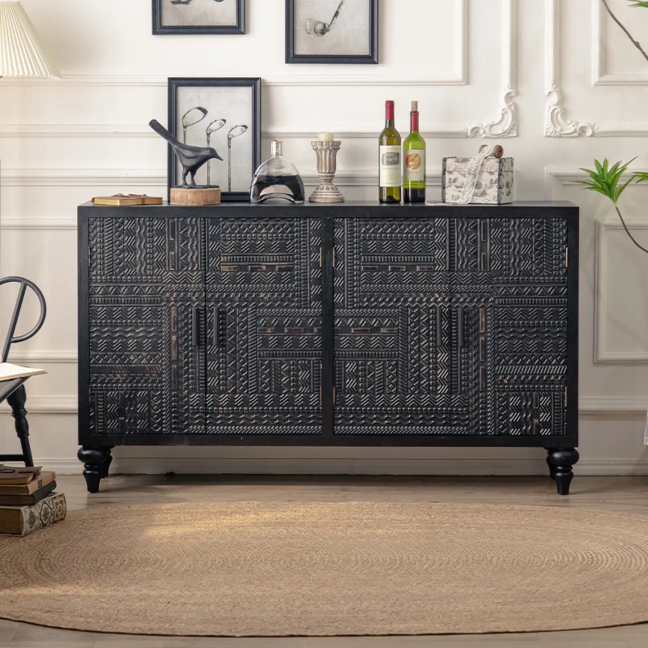 Artistic Pattern Wood Black Cabinet Sideboard in 3-Shelf