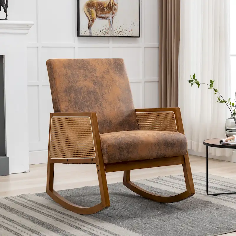 Modern PU Leather Rocking Chair with Rattan Arms