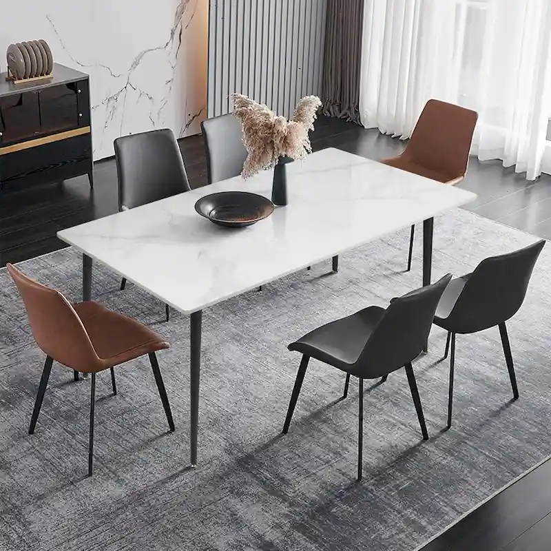 6 Seater Kitchen Dining Table Modern Marble Tabletop Rectangular with Tapered Metal Legs