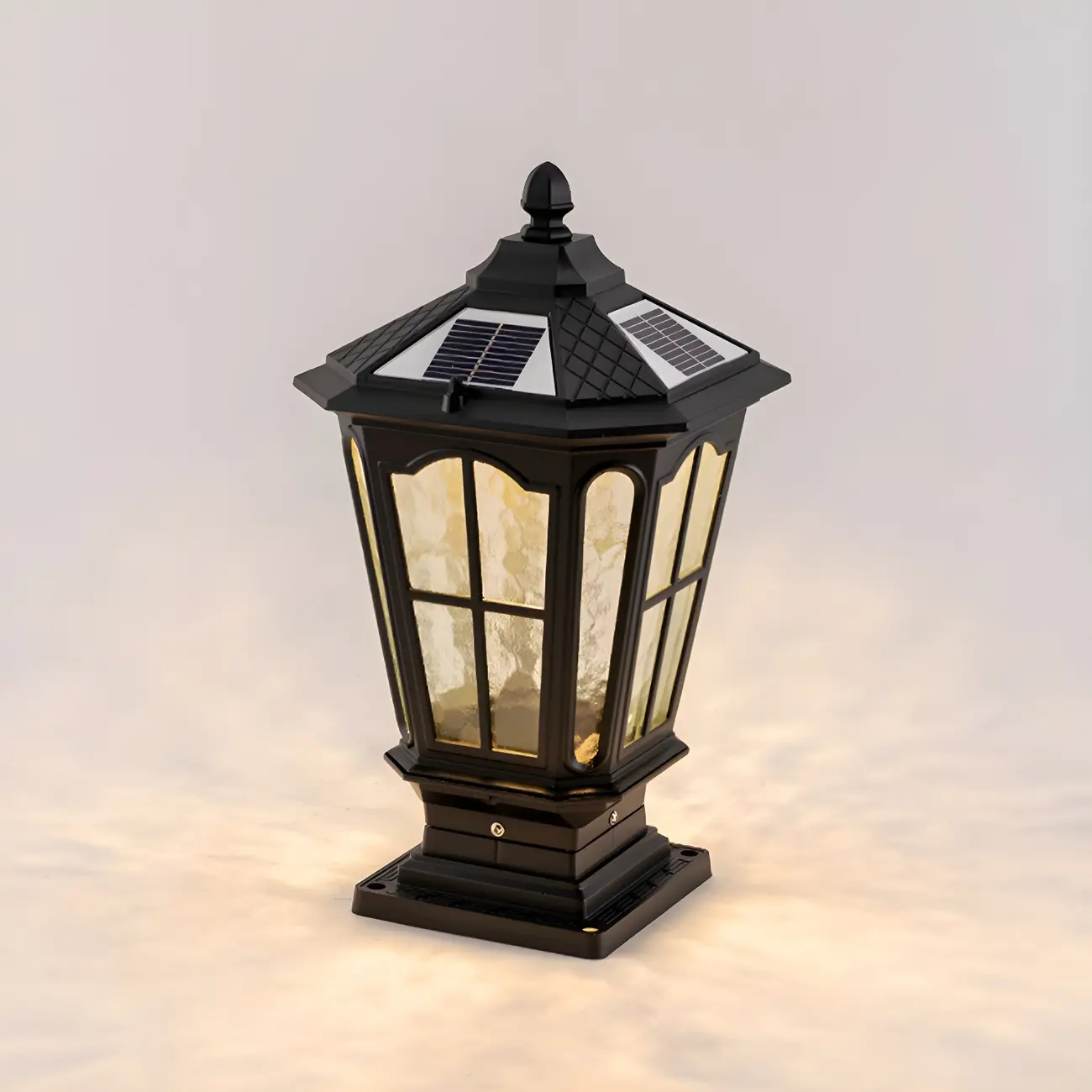 Vintage Hammered Pane Solar Black Outdoor Post Lights