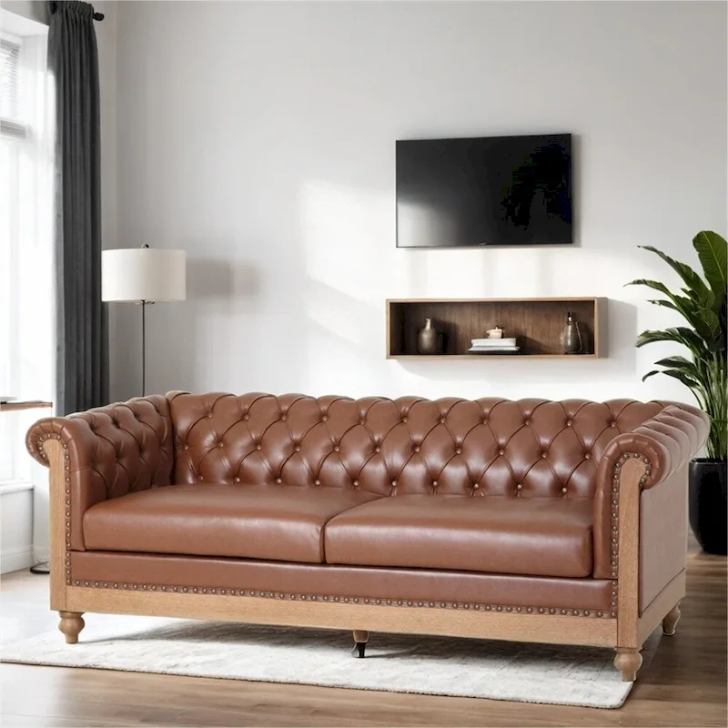 Retro 3 Seat PU Sofa with Wooden Frame and Legs