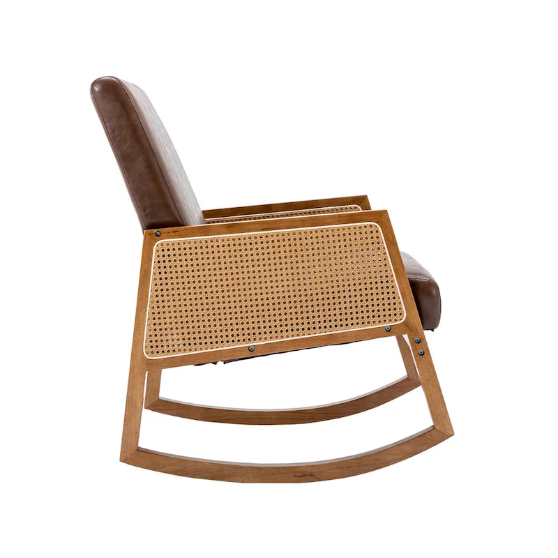 Modern PU Leather Rocking Chair with Rattan Arms