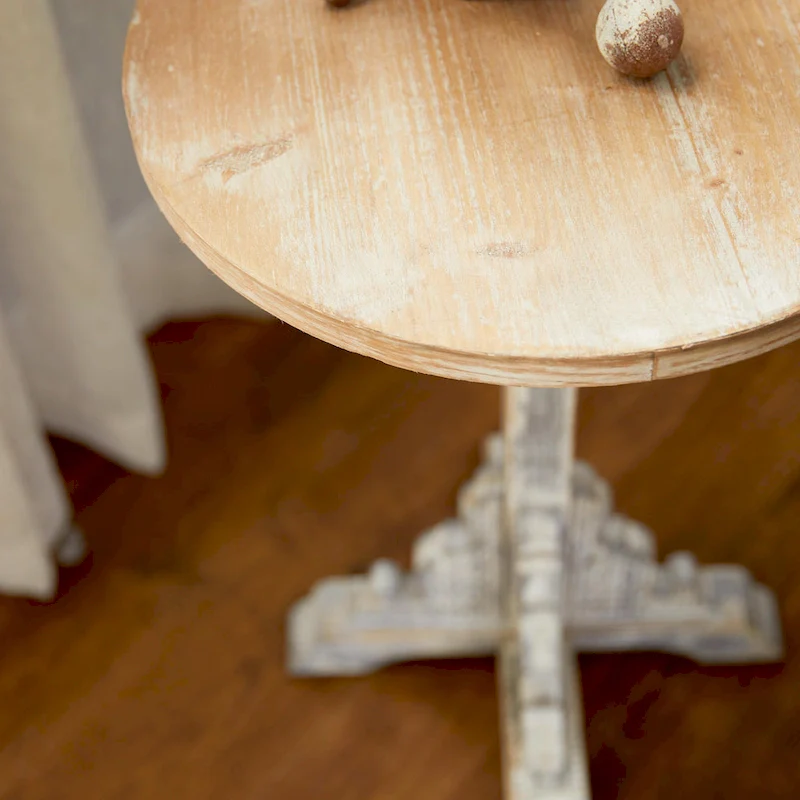 Wood Scroll Intricately Carved Accent End Table, Rustic Brown Gray Cream Side Table