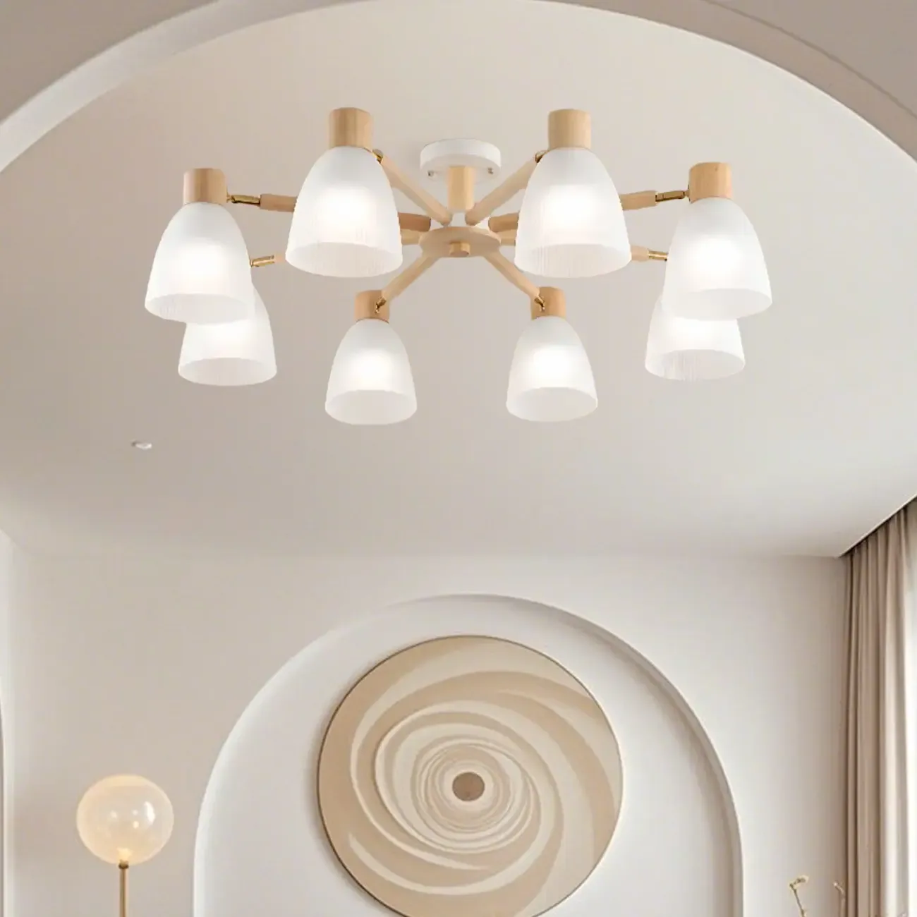 Natural White Cone Glass Wooden Semi Flush Mount Ceiling Light