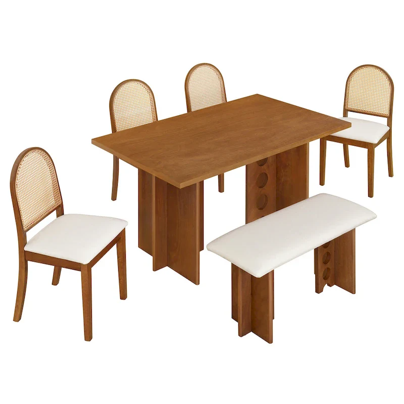 Modern Double Pedestal 6-Piece Dining Table Set with 4 Dining Chairs & 1 Bench