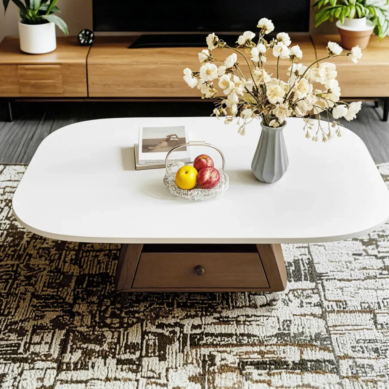 Modern Wood Oval Nesting Coffee Table with Block Base