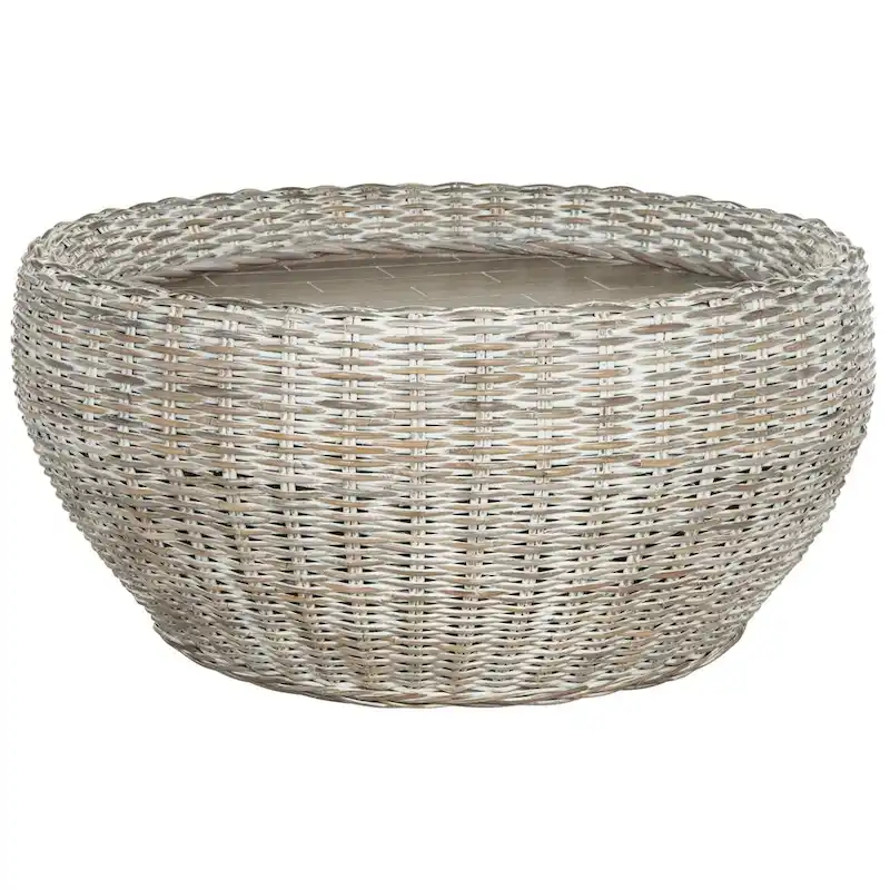 SAFAVIEH Alfia Wood Top Wicker Drum Coffee Table - 35.4 x 35.4 x 15.7 - 35Wx35Dx16H
