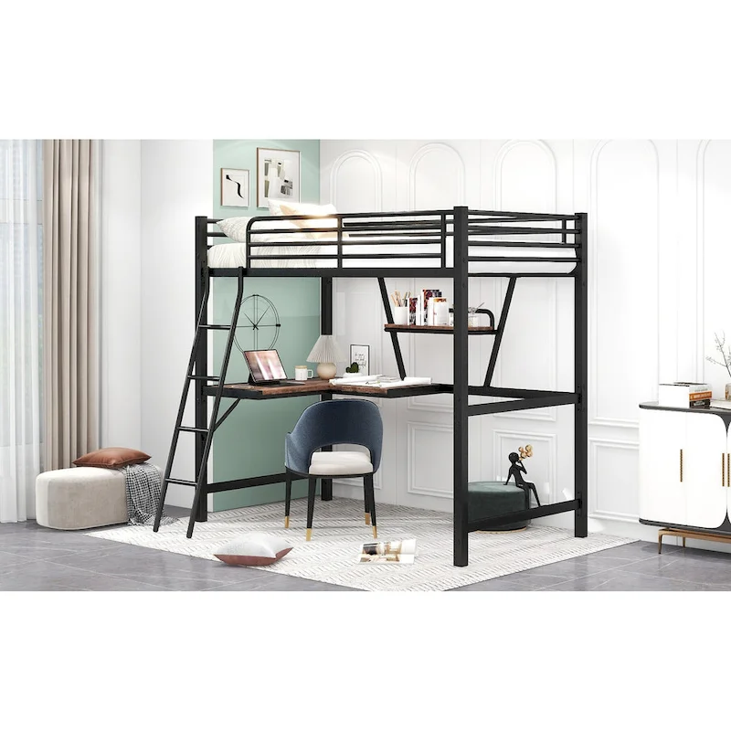 Metal Loft Bed with Integrated Desk, Shelf, and Full-Length Guardrail