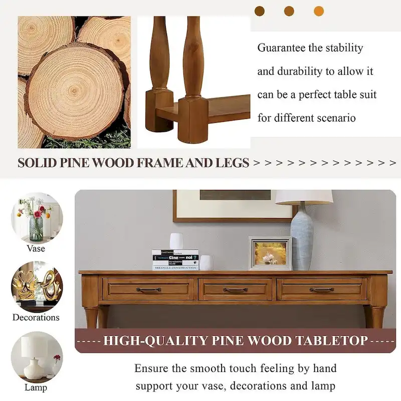 63 Solid Wood Console Table with 3 Drawers and 1 Bottom Shel