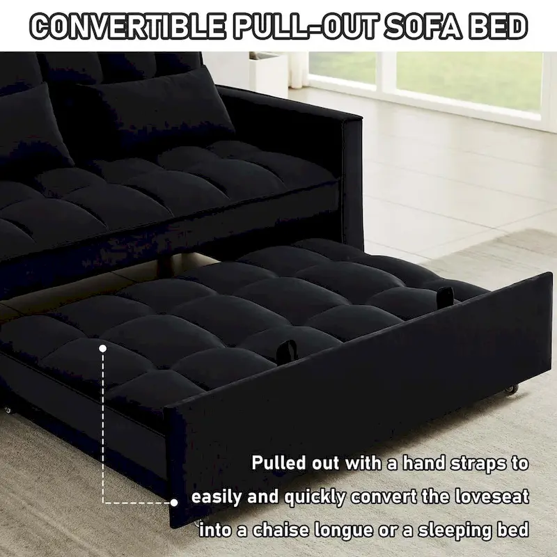 Convertible Sleeper Loveseat, 3-Position Backrest, Velvet, Foam, Side Pockets, USB, Seats 2/Twin Bed, Blue/Black/Grey