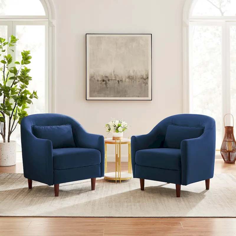 28.34W Set Of 2 Accent Armchair, Velvet Barrel Chair with Solid Wood Legs