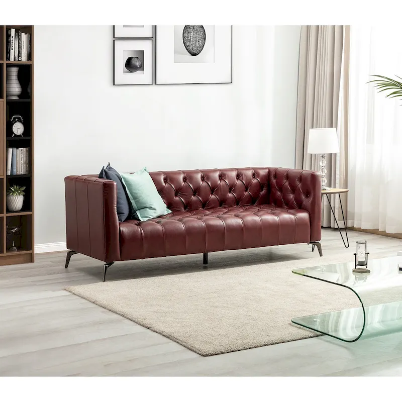 Nestor Transitional Genuine Leather Sofa with Metal Legs and Tufted Back