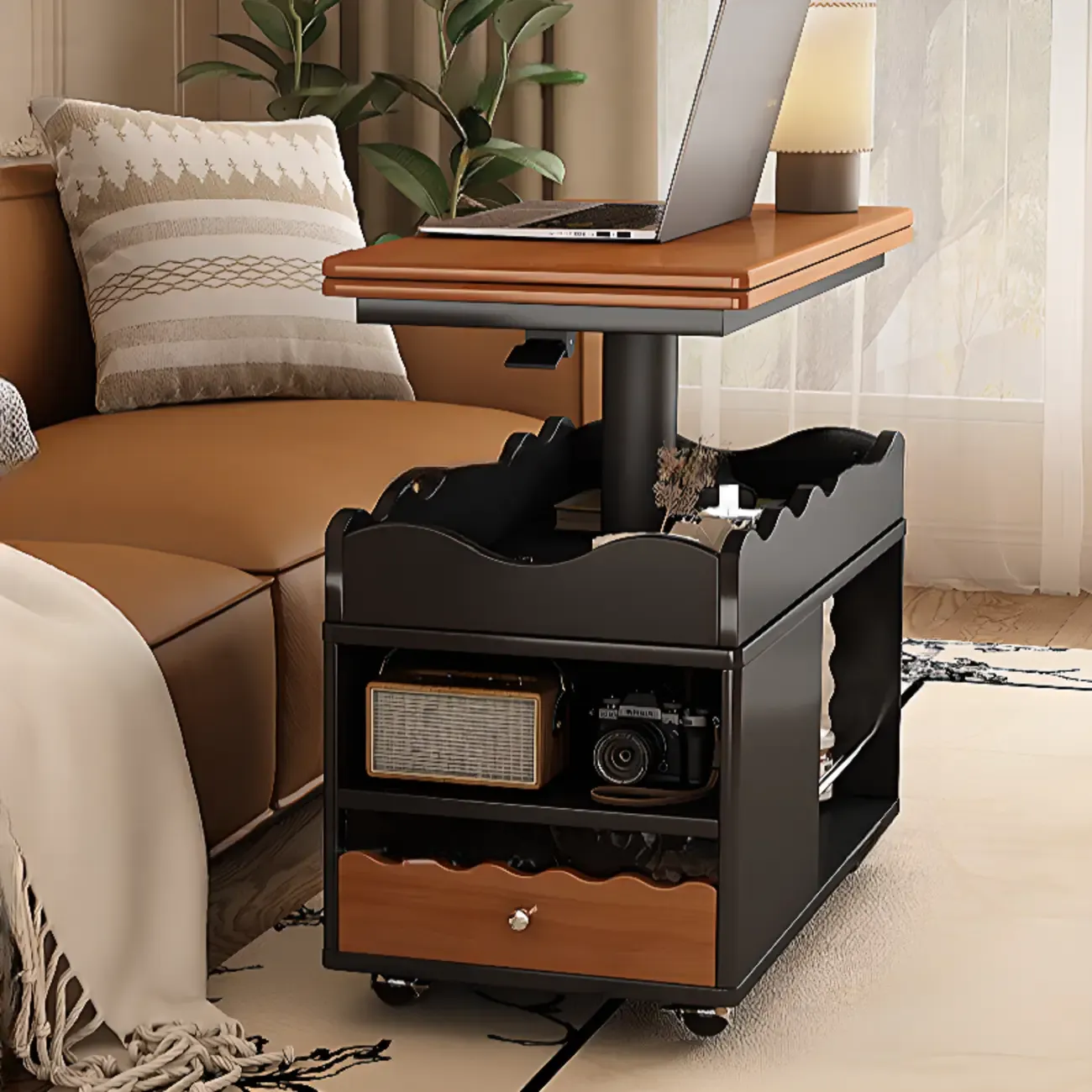 Foldable Tabletop Adjustable Wood Rolling Storage Cart