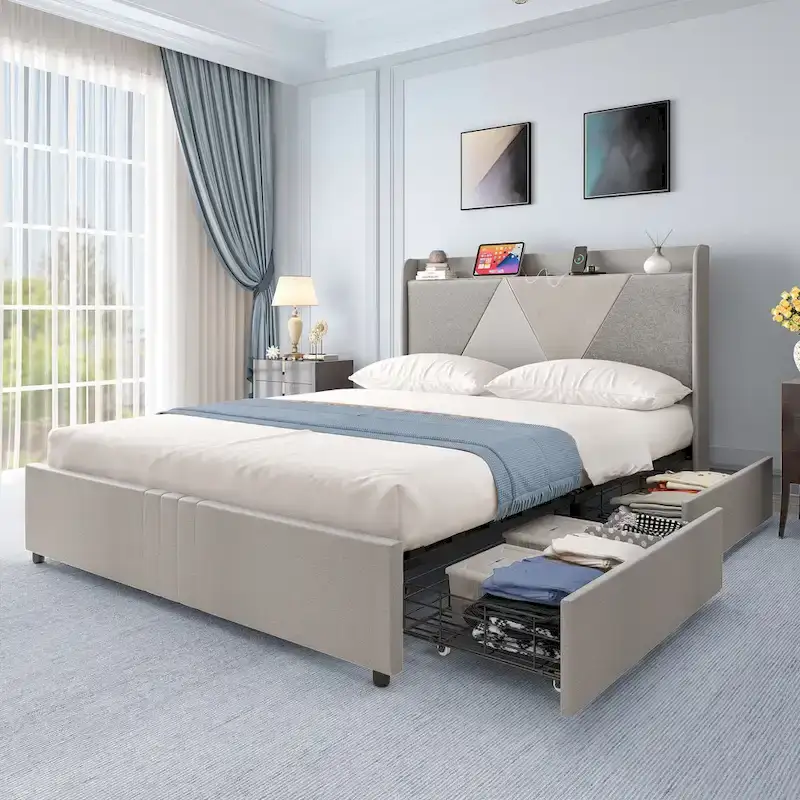 Wingback Bed Frame, Beige/Grey, 4 Storage Drawers, USB Ports, Queen/King, Seats 2