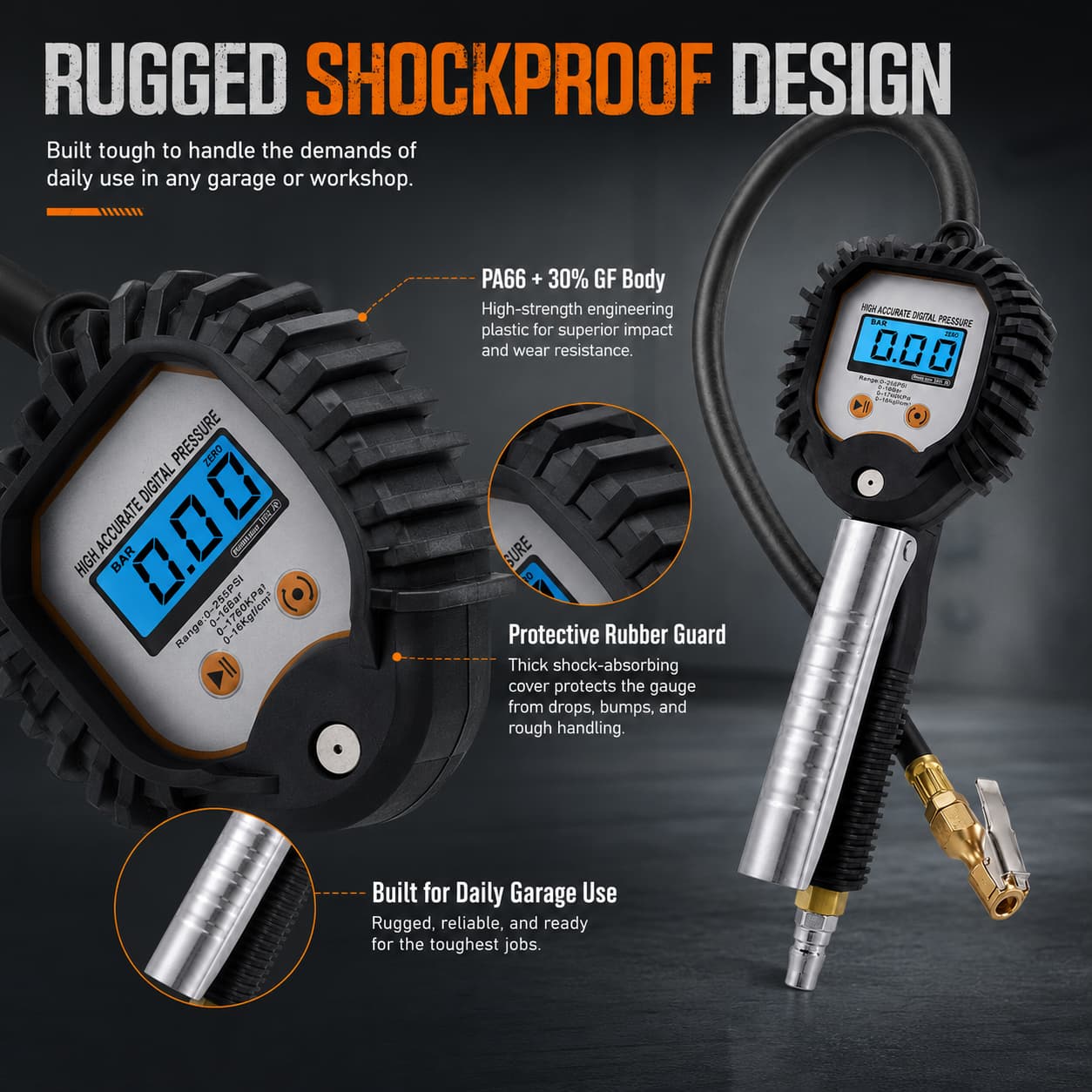 SEAPENG BW-001 Digital Tire Inflator Gauge, 0.3-255 PSI for cars, trucks, RVs and garages