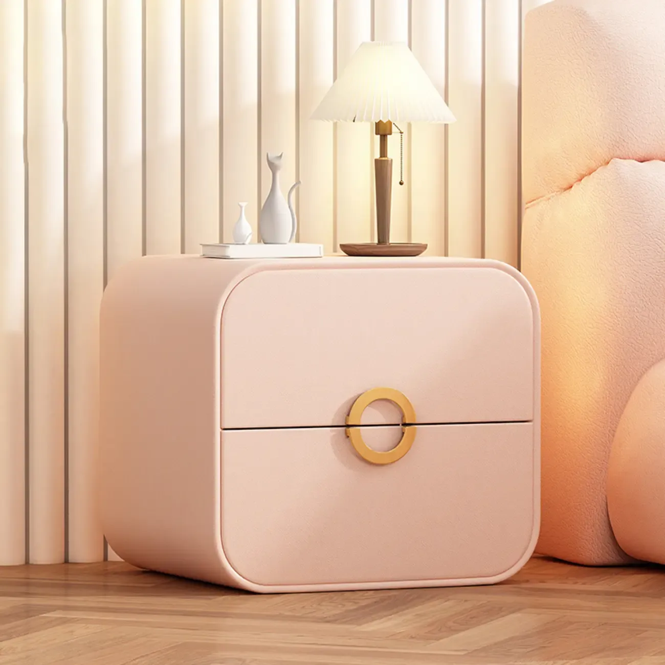 Modern Faux Leather Gold Ring Handle Nightstand with 2 Drawers